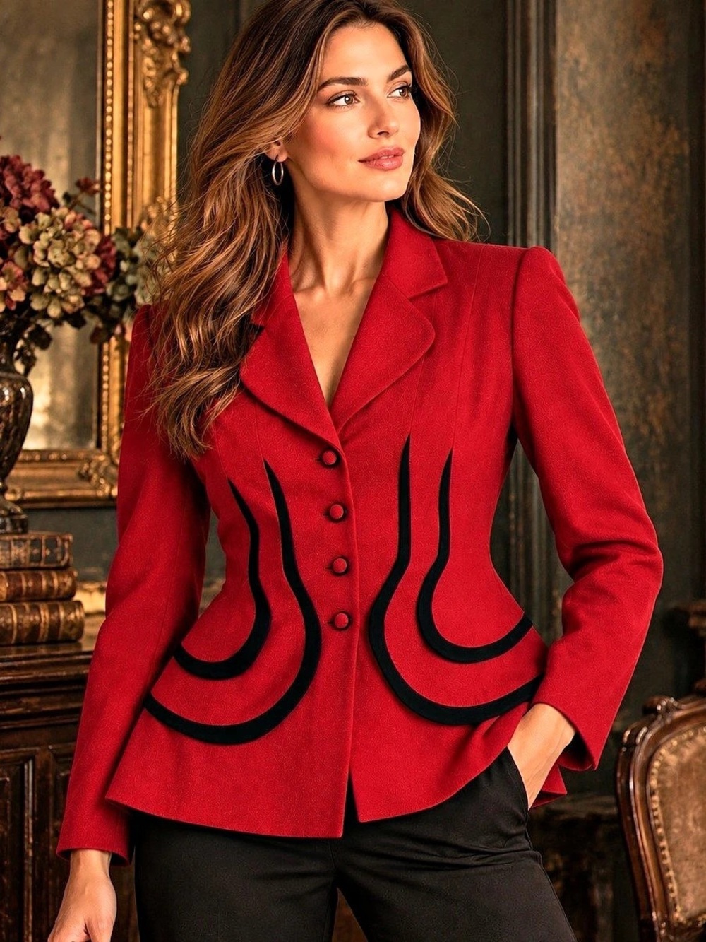 Vintage 90s Zelda Red & Black Contrast Piping Structured Blazer – Size 6